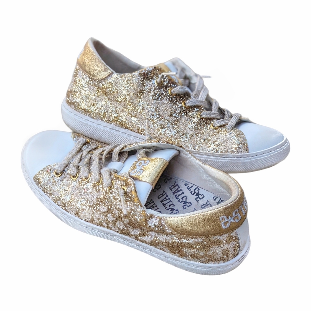 2STAR Gold Glitter Leather Low Top Sneakers 7.5